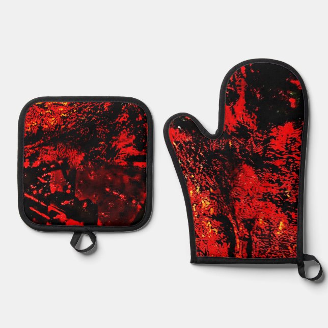 Red texture pot holder and oven mitt,Dark abstract Ofenhandschuh & Topflappen-Set (Vorderseite)