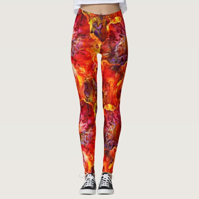 Red Textures Red Floral Abstraction Leggings (Vorderseite)