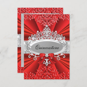 Red Tiara & Damask Quinceanera Einladung