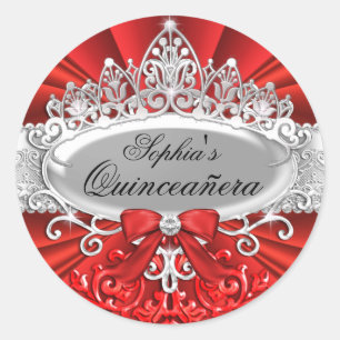 Red Tiara & Damask Quinceanera Sticker