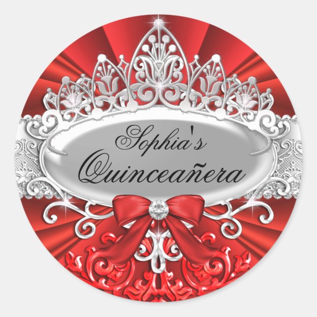 Red Tiara & Damask Quinceanera Sticker (Vorderseite)