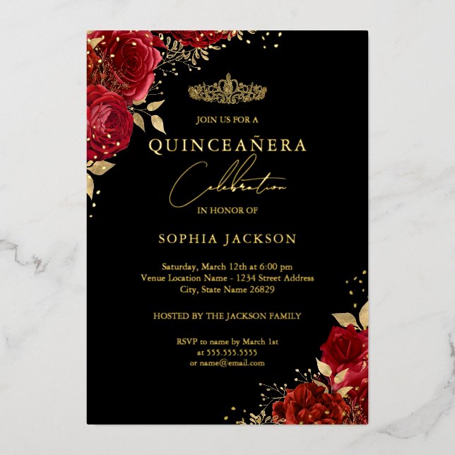 Red Tiara Floral Gold Quinceanera Folieneinladung (Vorderseite)