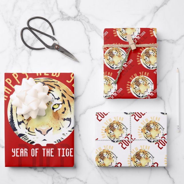 Red Tiger Wasserfarbe Chinesisch Neujahr 2022 Zodi Geschenkpapier Set (Vorderseite)