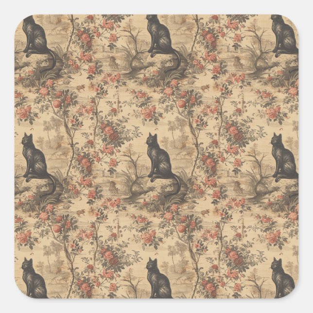 Red Toile Chinoiserie Cat Damask Quadratischer Aufkleber (Vorderseite)