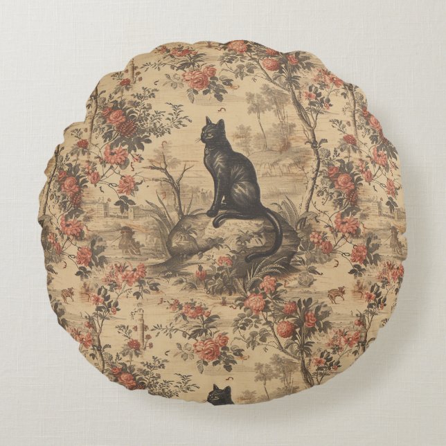 Red Toile Chinoiserie Cat Damask Rundes Kissen (Vorderseite)