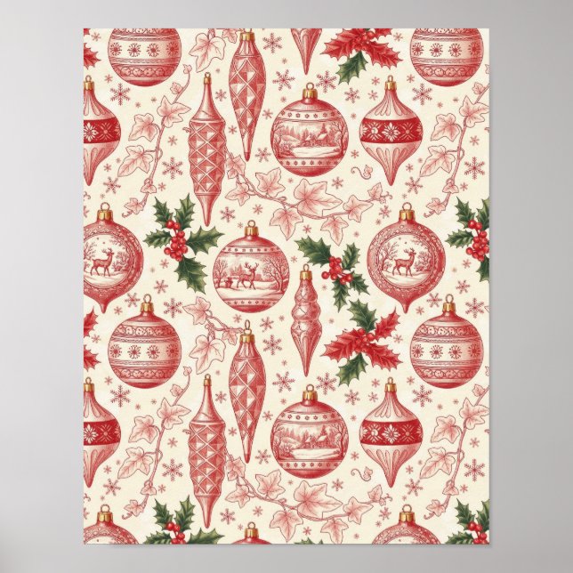 Red Toile Chinoiserie Christmas Ornaments Poster (Vorne)