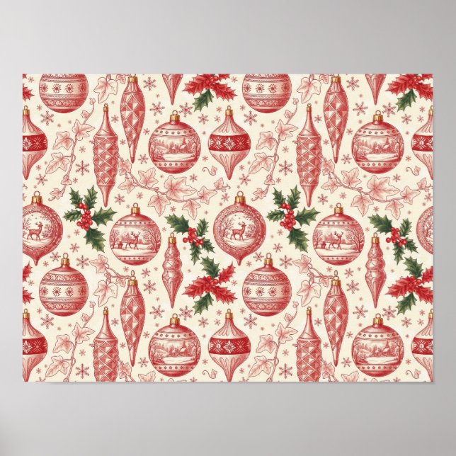 Red Toile Chinoiserie Christmas Ornaments Poster (Vorne)