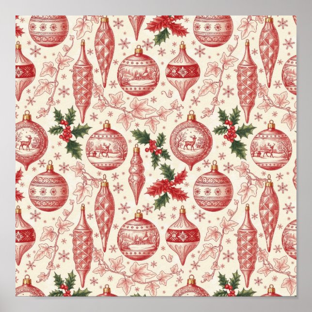 Red Toile Chinoiserie Christmas Ornaments Poster (Vorne)