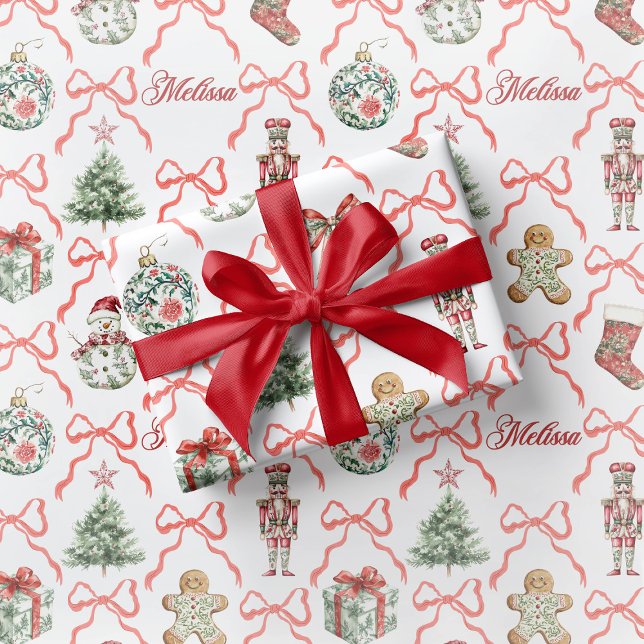 Red Toile Christmas Wrapping Paper Red Bow Geschenkpapier (Von Creator hochgeladen)