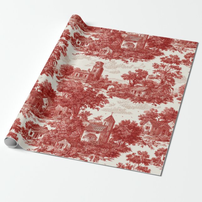 Red Toile Countryside Scene (8) Geschenkpapier (Ungerollt)