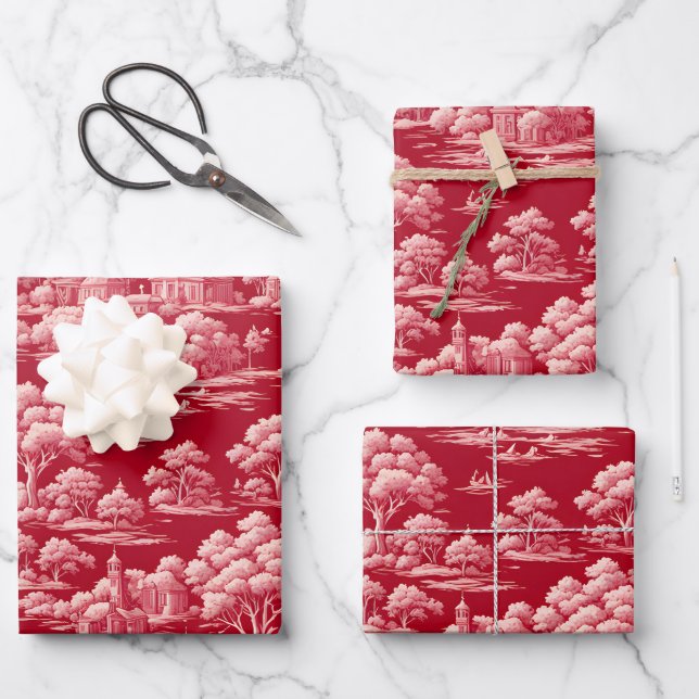 Red Toile de Jouy Geschenkpapier Set (Vorderseite)