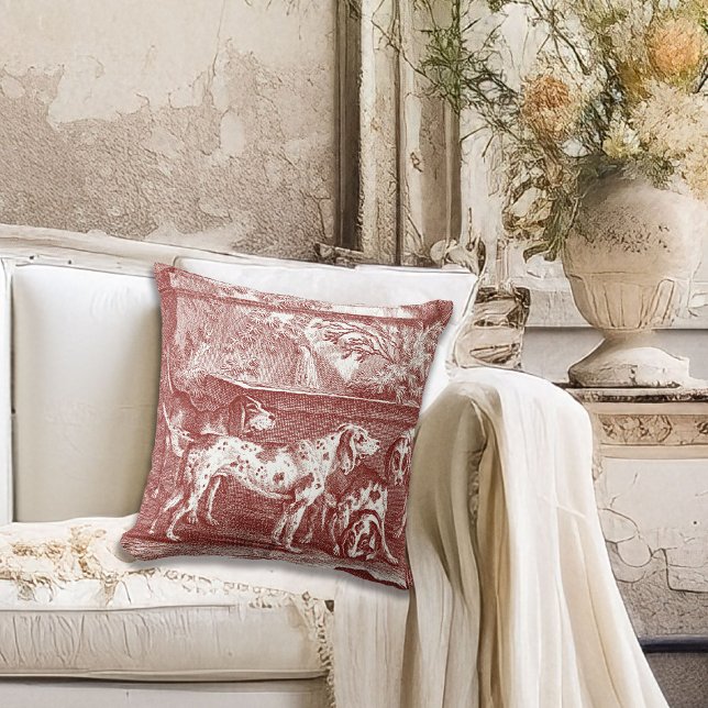 Red Toile de Jouy Jagd Hunde auf dem Lande Kissen (Von Creator hochgeladen)