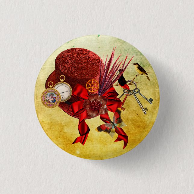Red Top Hat Vögel Taschenuhr Steampunk Art Button (Vorderseite)