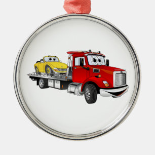 Red Tow Truck Flatbed Cartoon Silbernes Ornament