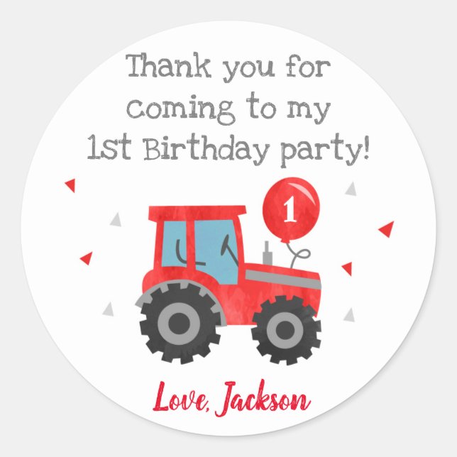 Red Tractor Geburtstagsparty begünstigen Stickers  (Vorderseite)