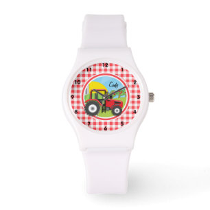 Red Tractor on Red and White Gingham Armbanduhr