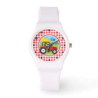 Red Tractor on Red and White Gingham Armbanduhr