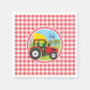 Red Tractor on Red and White Gingham Serviette