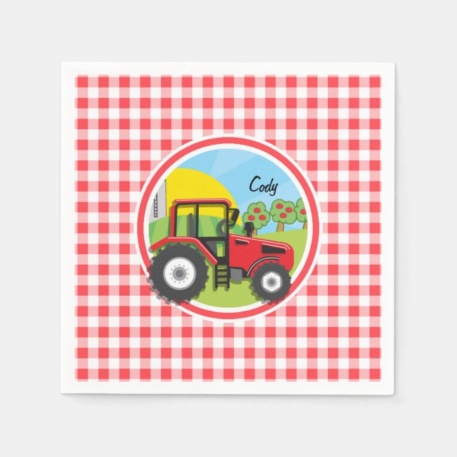 Red Tractor on Red and White Gingham Serviette (Vorderseite)