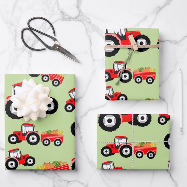 Red Tractor Truck Farm Produzieren Geschenkpapier Set (Vorderseite)