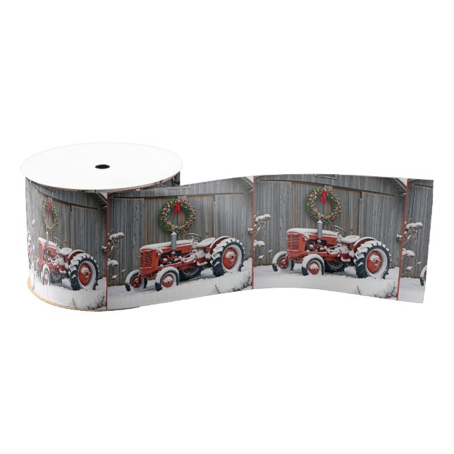 Red Tractor With Christmas Wreath Ripsband (Spule)