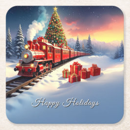 Red Train Christmas Tree Holiday Paper Coaster Rechteckiger Pappuntersetzer