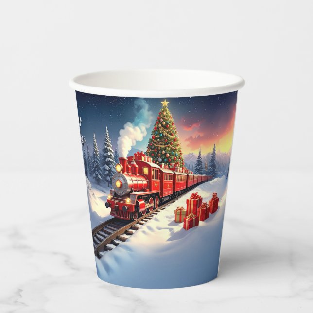 Red Train Christmas Tree Holiday Paper Cups Pappbecher (Rückseite)