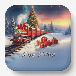 Red Train Christmas Tree Holiday Paper Plate Pappteller