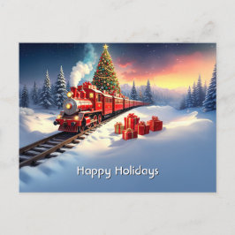 Red Train Christmas Tree Holiday Postcard Postkarte