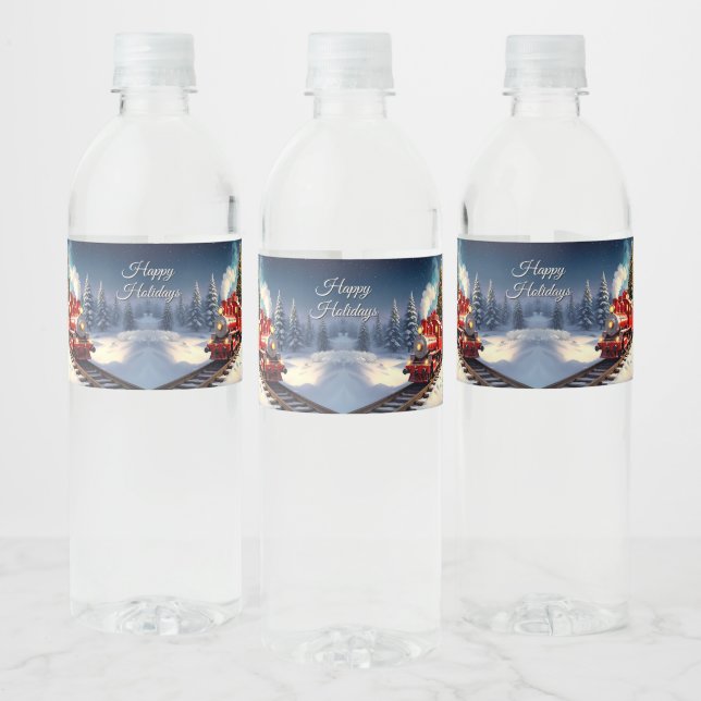 Red Train Christmas Tree Water Bottle Label Wasserflaschenetikett (Flaschen)