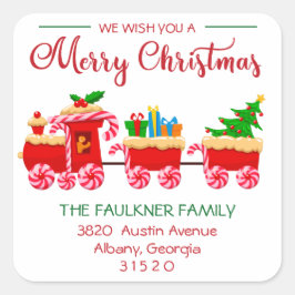 Red Train Frohe Weihnachten Rot und Grün Adresse Quadratischer Aufkleber