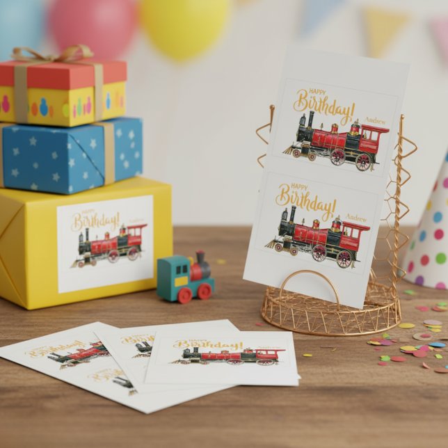 Red Train Happy Birthday Rechteckiger Aufkleber (Red Train Happy Birthday Rectangular Sticker)