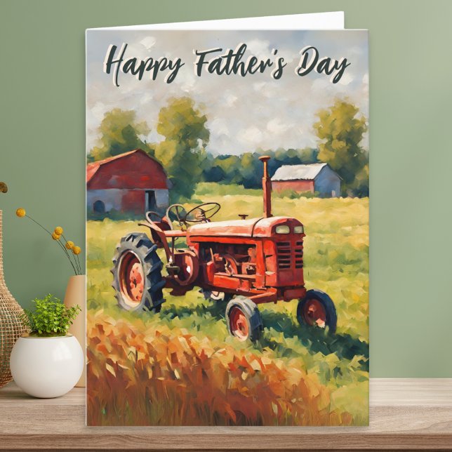 Red Traktor Vintag Rustikale Farm Happy Vatertag Karte (A Father's Day card with illustration of an retro red tractor in a field on a farm)
