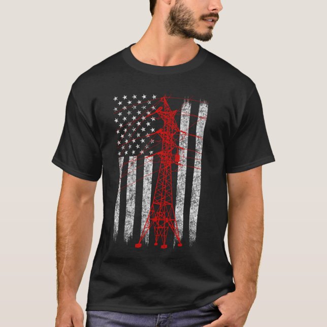 Red Transmission Tower American Flag Lineman Elect T-Shirt (Vorderseite)