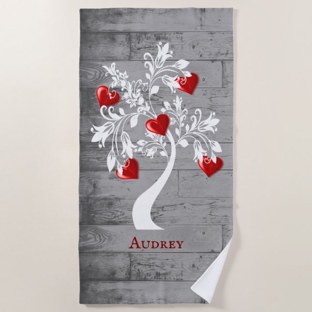 Red Tree of Hearts Personalisiert Beach Handtuch (Vorderseite)