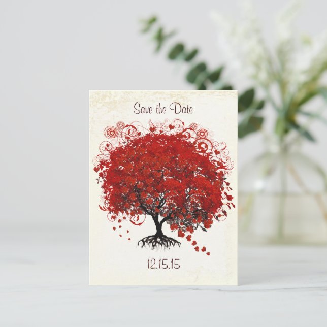 Red Tree Wedding speichern das Datum Ankündigungspostkarte (Stehend Vorderseite)