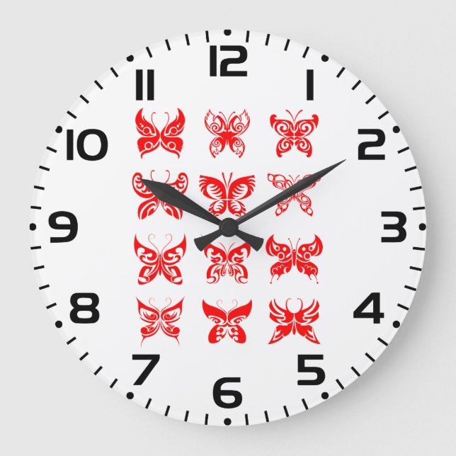 Red Tribal Butterfly Ornamental Große Wanduhr (Vorderseite)