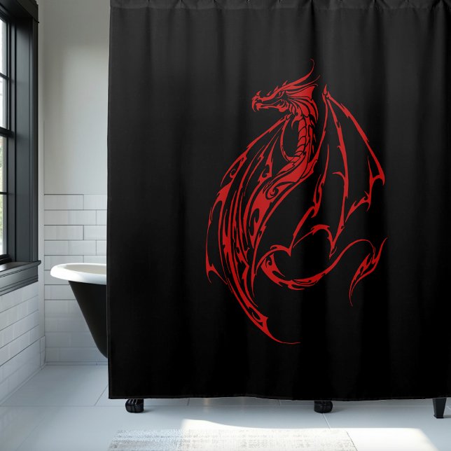 Red Tribal Dragon Black Duschvorhang (Von Creator hochgeladen)