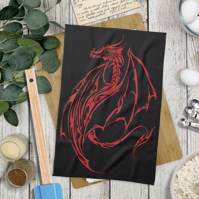 Red Tribal Dragon Black Geschirrtuch (Von Creator hochgeladen)