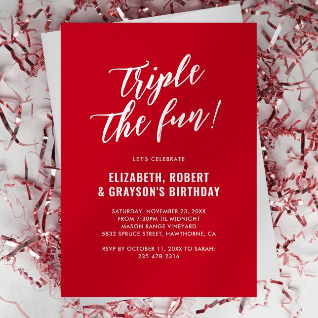 Red Triple Die Fun Joint Birthday Party Einladung (Von Creator hochgeladen)