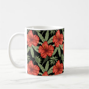 Red tropical flowers seamless pattern green leaves kaffeetasse