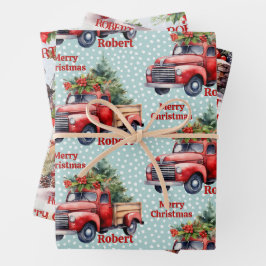 Red Truck Add Name Frohe Weihnachten 3 Geschenkpapier Set