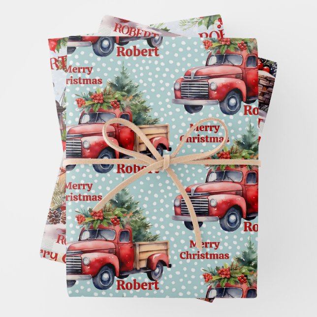 Red Truck Add Name Frohe Weihnachten 3 Geschenkpapier Set (Beispiel)