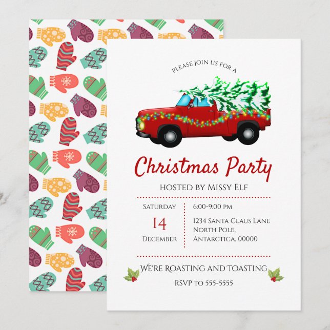 Red Truck, Baum und Lichter Weihnachten Einladung (Vorne/Hinten)