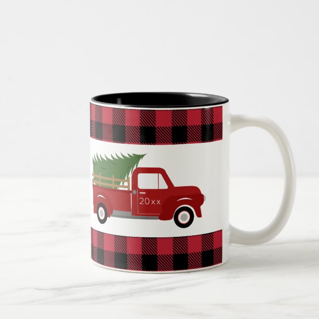 Red Truck Buffalo Karierter Weihnachtskaffee Zweifarbige Tasse (Rechts)