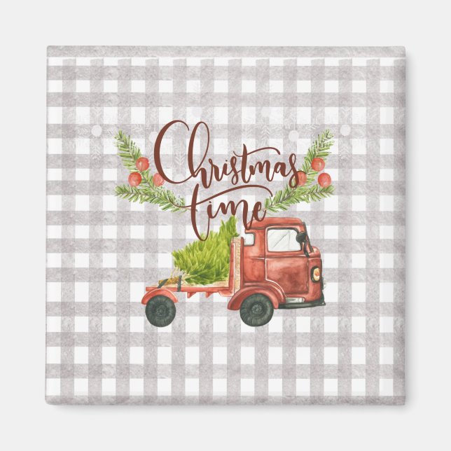 Red Truck Buffalo Karo Weihnachtsmagnet Magnet (Vorne)