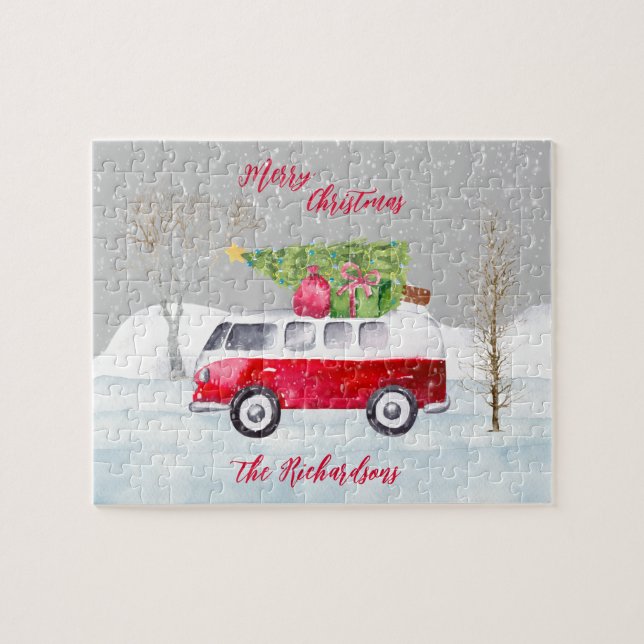 Red Truck Frohe Weihnachten Gray Jigsaw Puzzle (Horizontal)