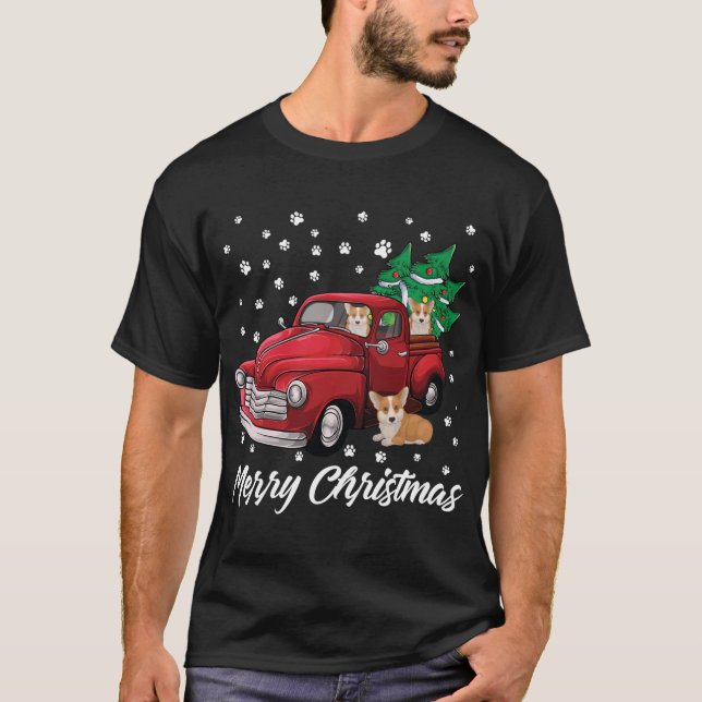 Red Truck Frohe Weihnachtsbaum Corgi Dog Weihnacht T-Shirt (Vorderseite)