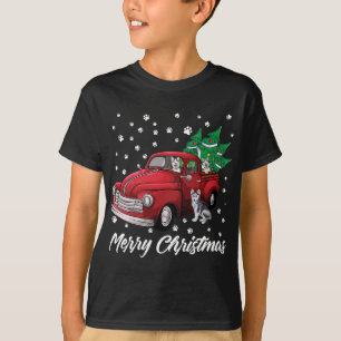 Red Truck Frohe Weihnachtsbaum Siberian Husky Dog T-Shirt