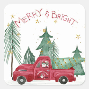 Red Truck Gnome Zuhause Tree Farm Weihnachtsadress Quadratischer Aufkleber